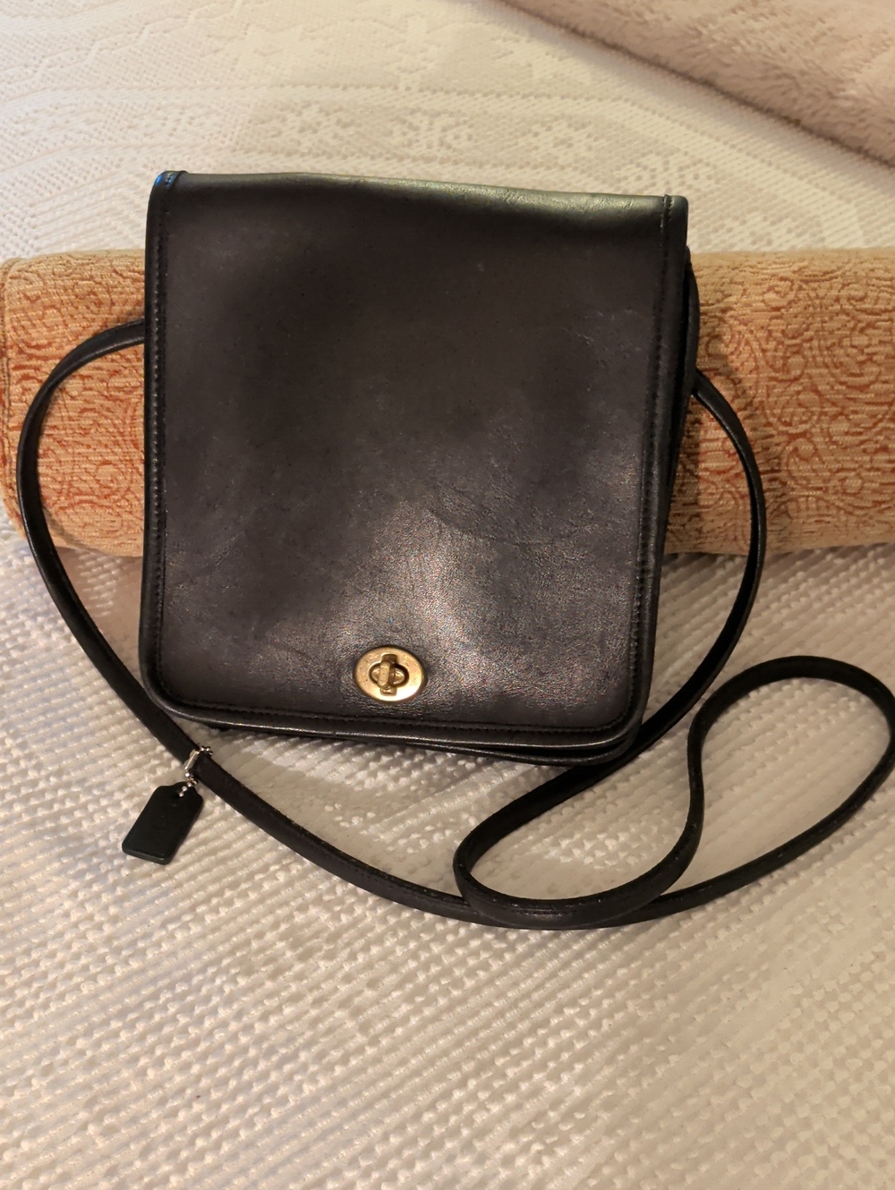 Coach Classic Black Leather Crossbody Bag with Gold Turnlock